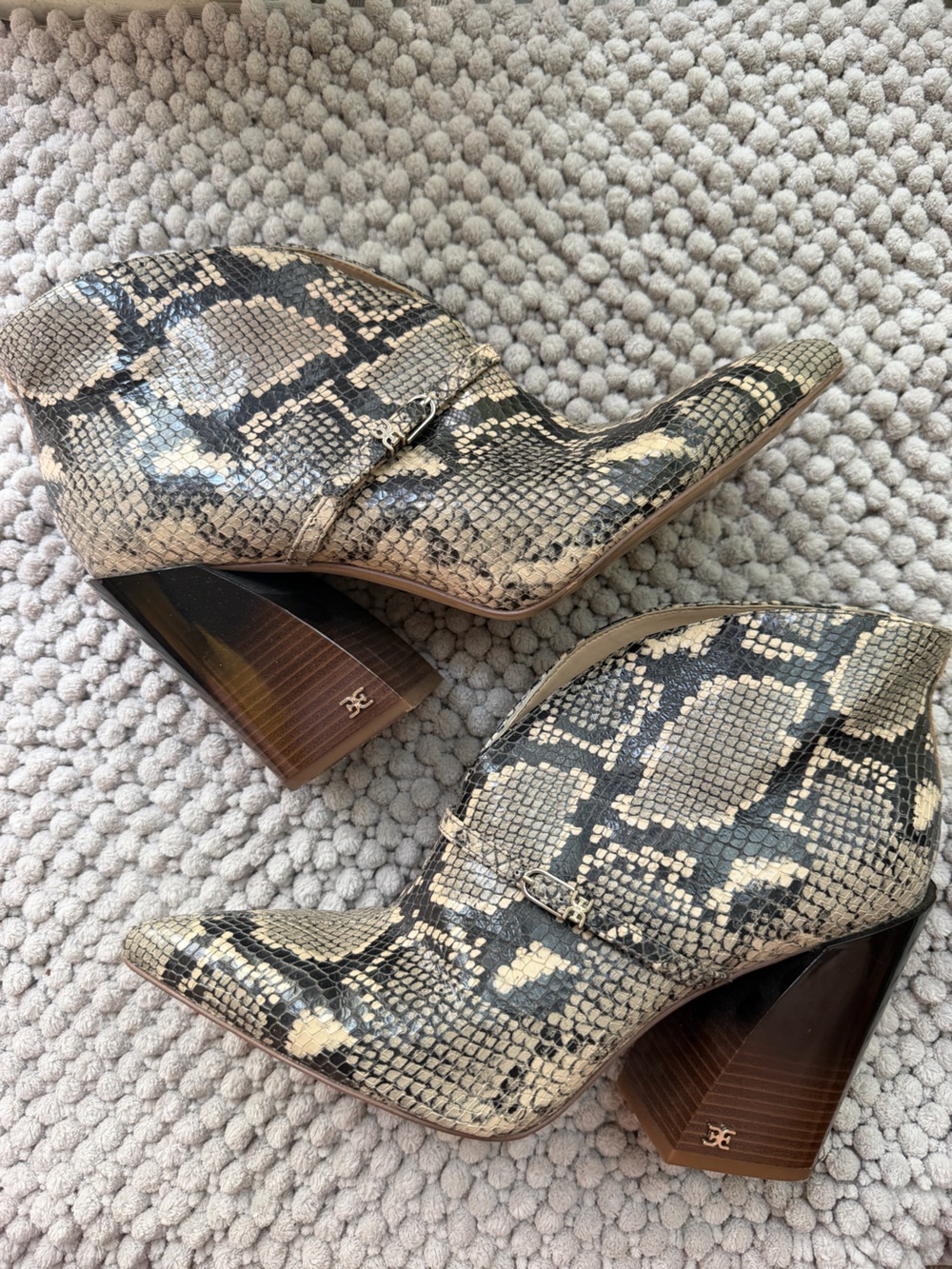 Sam Edelman Snake-Print Pointed Toe Ankle Boots in Beige/Black